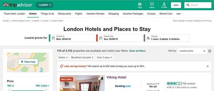 TripAdvisor hotels search engine